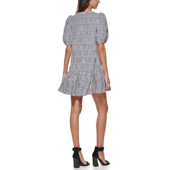 Calvin Klein Gingham Print Gauze Dress with Puff Sleeve Dress, Black/White, 6 - Picture 4 of 4